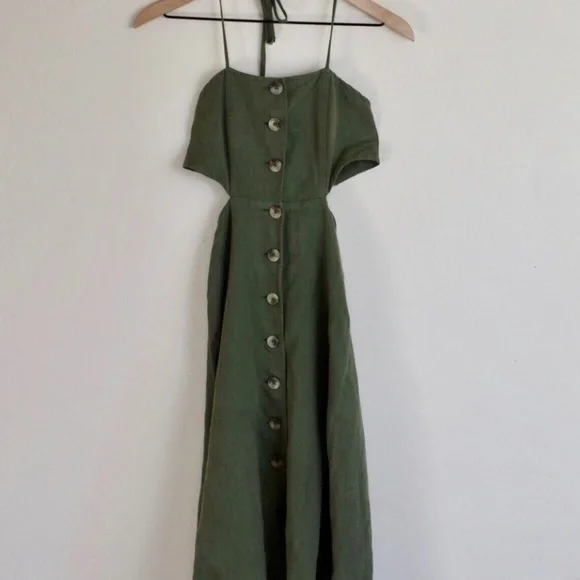 Urban Outfitters Halter Tie, Button-up, Midi, Linen Dress, Green, Size S - Picture 3 of 4